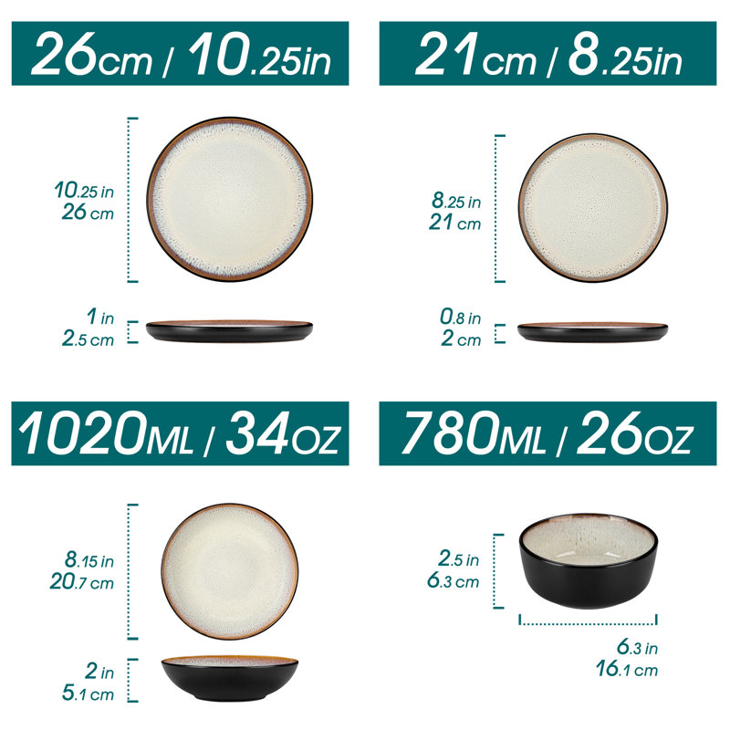 16 Pieces Dinnerware, Pocelain Round Plate, Dinner Plate, Dessert Plate, Soup Bowl And Bowl With Vertical Edge, Serve For 4 Person, Blue And Black