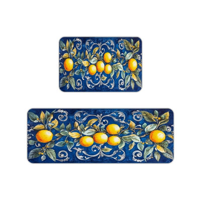 Ensemble de 2 tapis de cuisine ornés à imprimé citron bleu pour cuisine et décor rétro, bleu jaune