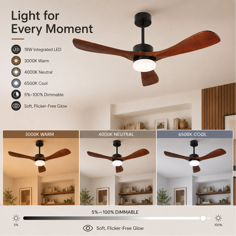 52 Inch Solid Wood Ceiling Fan with Dimmable LED Light Remote and Smart App Control 6-Speed Quiet Reversible DC Motor for Living Room