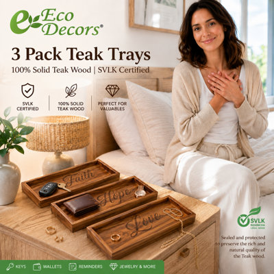 Ensemble de 3 plateaux de salle de bain en teck massif - Faith, Love & Hope