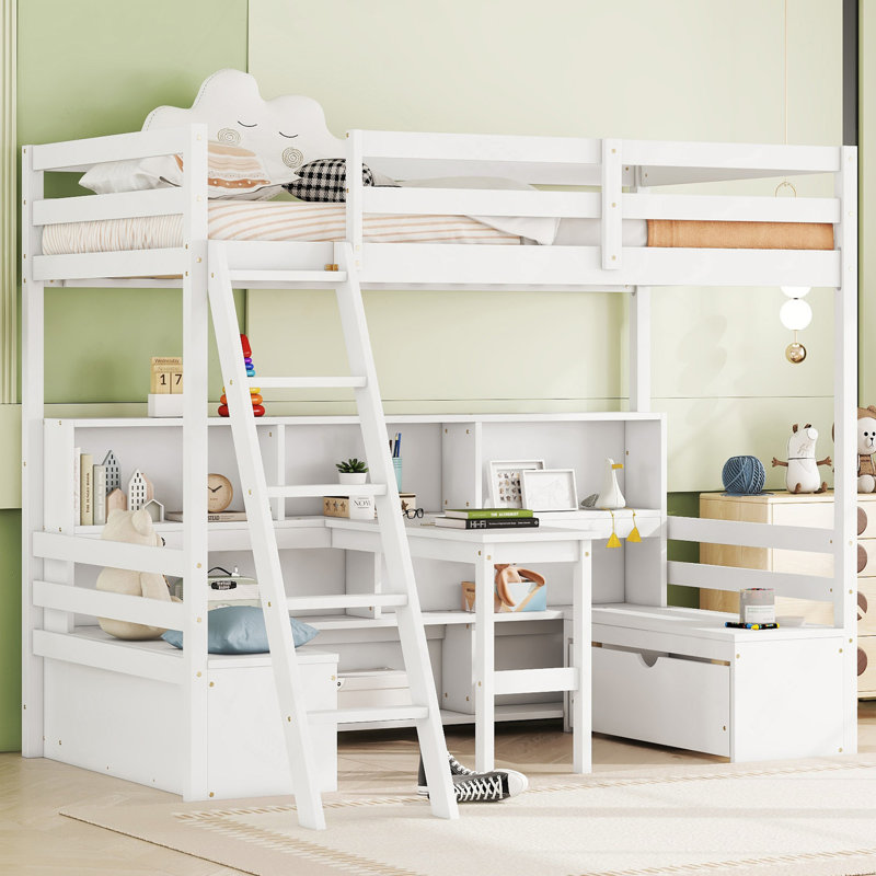 Lit mezzanine simple avec tablettes de rangement, tiroirs, siège et bureau pour couleur blanche