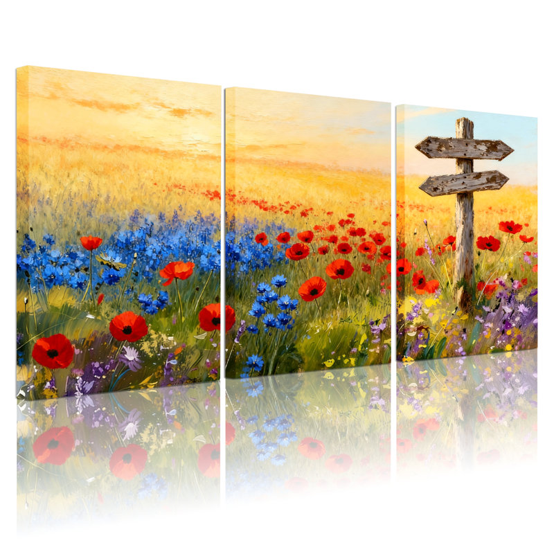Assortiment de bouquets de fleurs sur fond de champ de fleurs, ensemble de 3 impressions sur toile, H 24 po x l 48 po