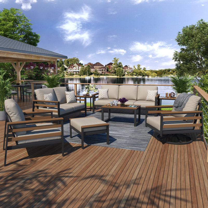 Townsend 6 Piece Outdoor Conversation Set with Sunbrella® Cushions, Brown, Cast Silver