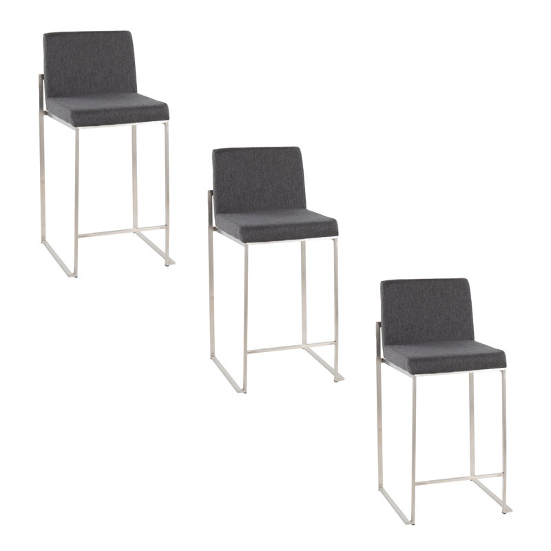 Tabouret de bar et de comptoir à dossier haut Brieon (ensemble de 3), Tissu gris anthracite / acier inoxydable