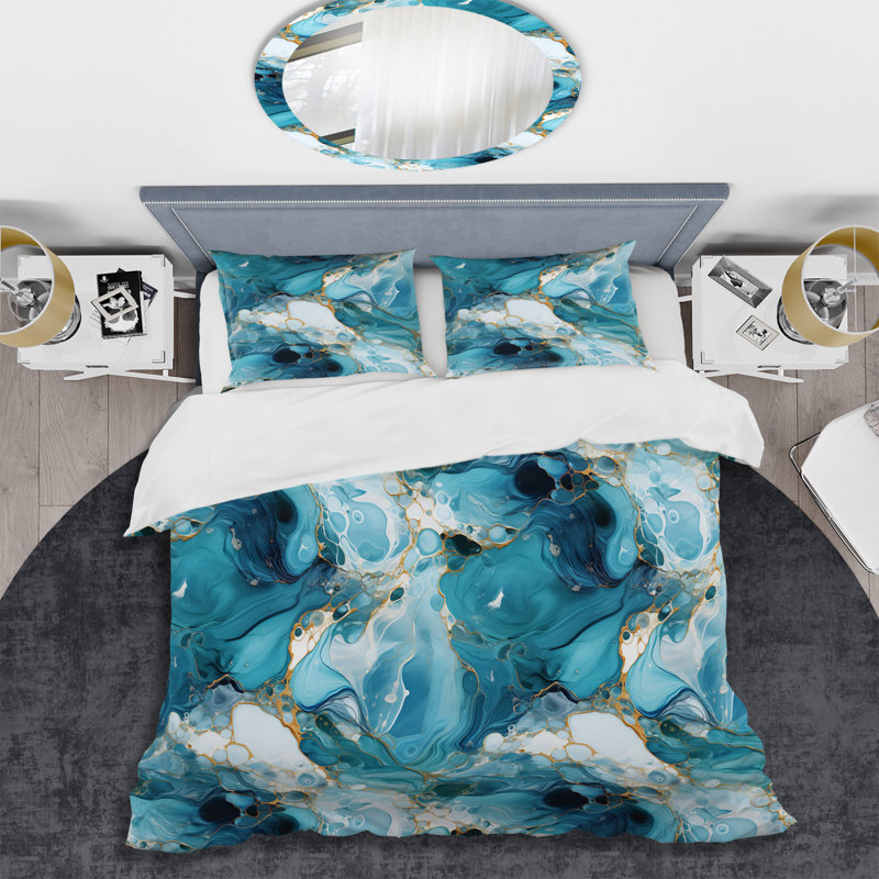 Ensemble de housse de couette abstrait - Motif de marbre bleu blanc océanique Allure