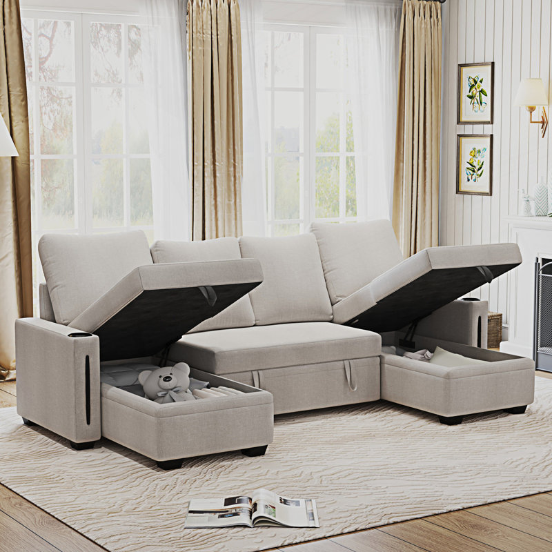 Canapé modulaire avec rangement, canapé modulaire en U, canapé modulaire convertible confortable, Lin beige