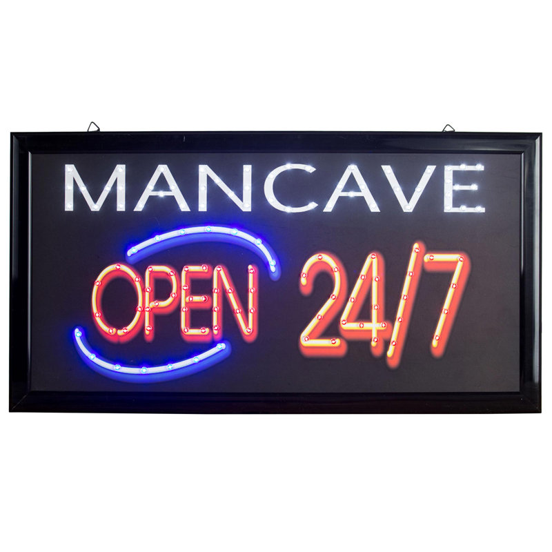 Enseigne lumineuse Trinx Man Cave ouverte 24 heures sur 24, 7 jours sur 7, 10 po x 19 po x 0,75 po