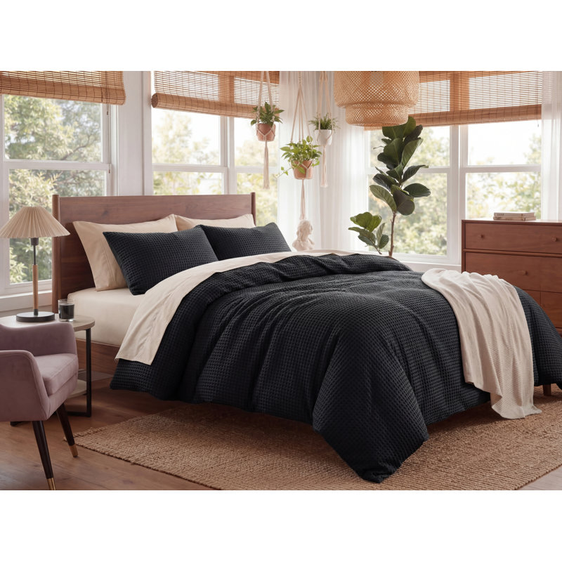 Essential Collection 100% Cotton Waffle Weave Duvet Cover Set, Linen, Queen Duvet Cover + 2 Standard Shams