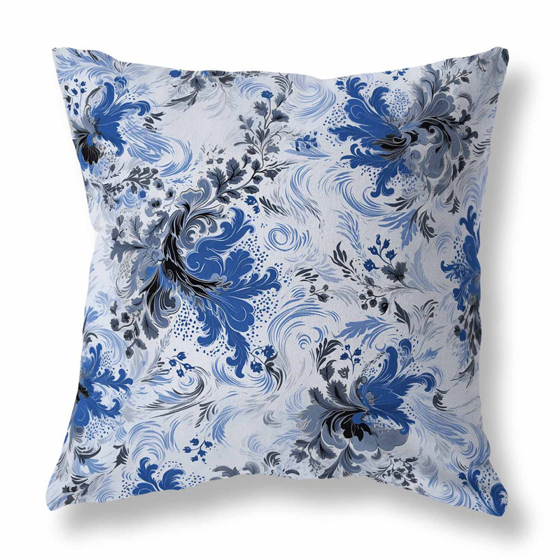 Coussin décoratif réversible intérieur / extérieur Retro Remix, Bleu / floral noir, H 16 po x l 16 po