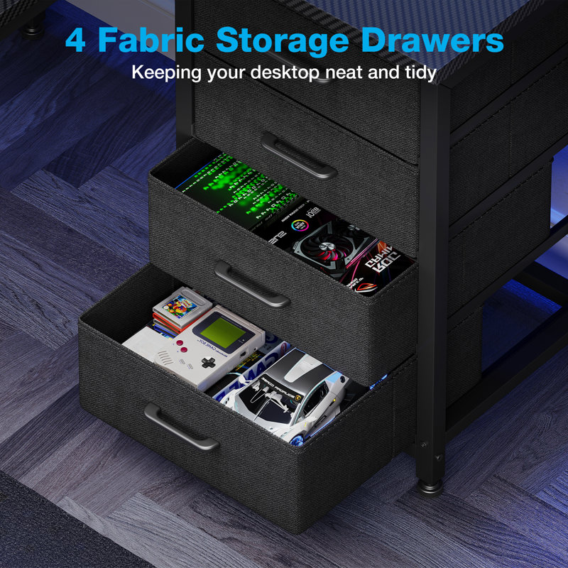 Reversible L-shaped Desk With Recessed Power Outlets,computer Desk With 4-tier Fabric Drawers, Gaming Desk With Removable Cpu Stand And Led Lights,home Office Desk With Spacious Storage Shelf And Versatile Hooks