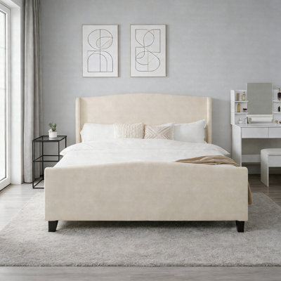 Très grande base de lit tapissier avec tête de lit haute 49,21 po et pied de lit 27,17 po, lit plateforme en velours avec support en lattes de bois