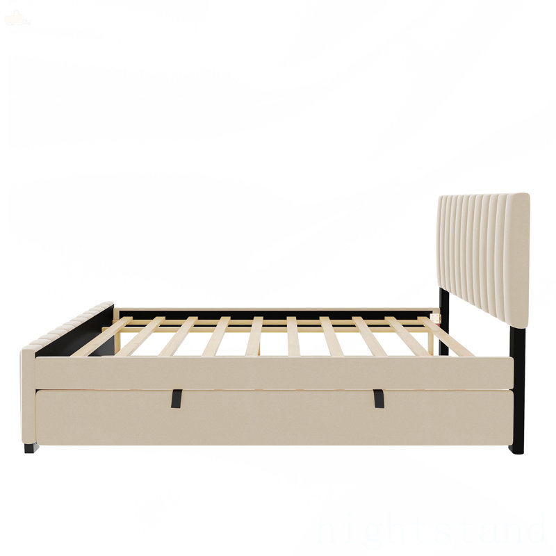 Lit plateforme double en velours avec lit gigogne, Beige