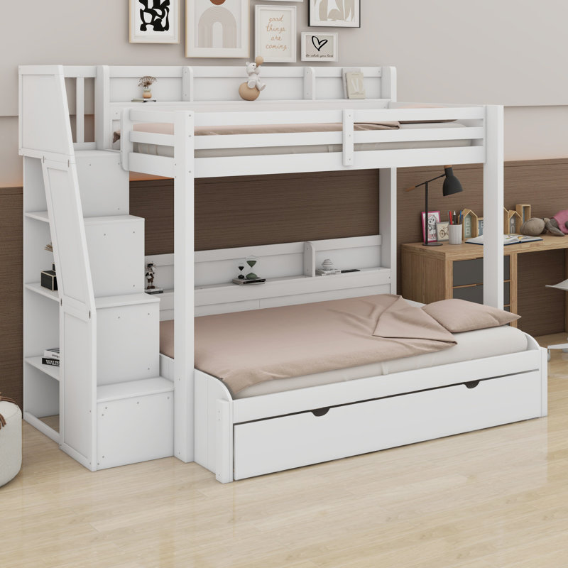Storage Staircase Bunk Bed With Trundle And Integrated USB LED Lighting, White
