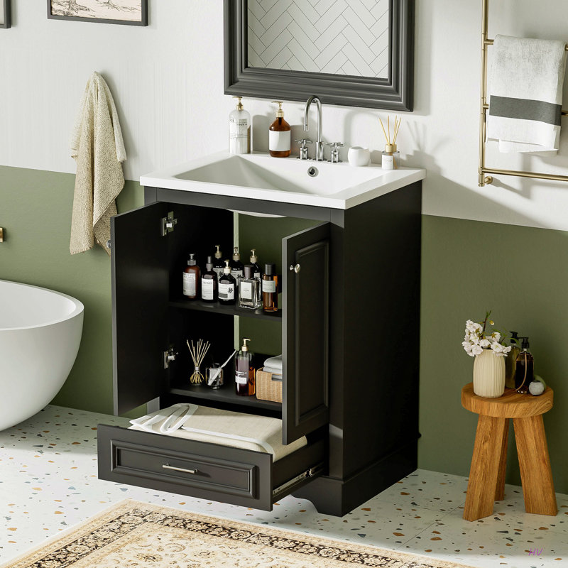 Meuble-lavabo 24 po avec lavabo en céramique, armoire de rangement autoportante moderne avec poignées, portes à fermeture douce