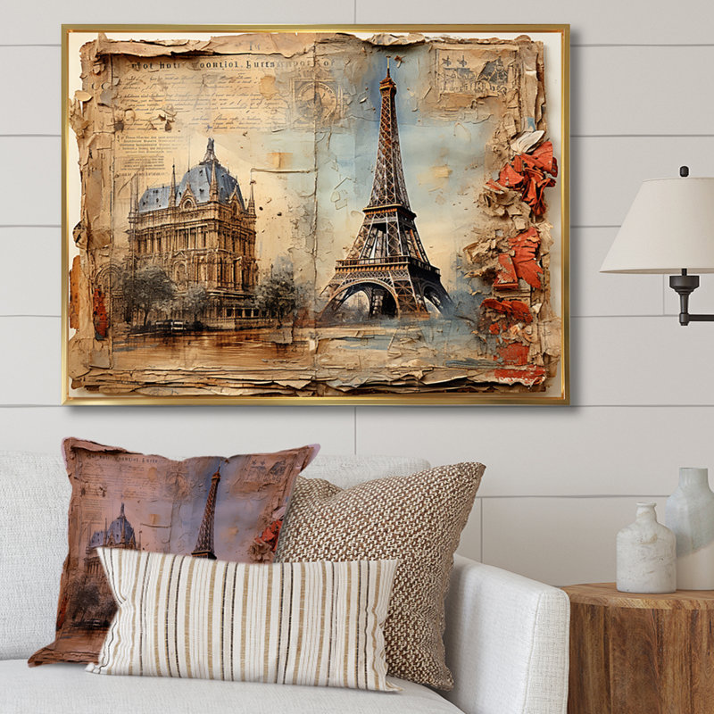 Paris Nostalgia, collage rétro sur toile, H 30 po x l 40 po x P 1,5 po, Cadre flottant doré