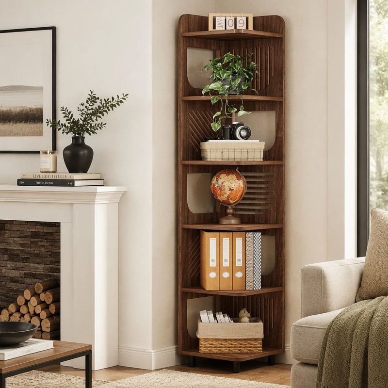 6-Tier Narrow Corner Bookshelf, 90-Degree Corner Storage Shelf for Living Room Office Bedroom