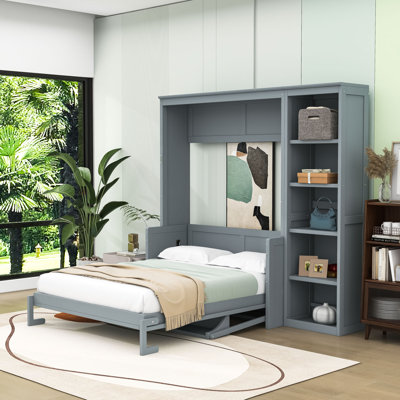 Wooden Murphy Bed with Integrated Desk and Storage Shelves