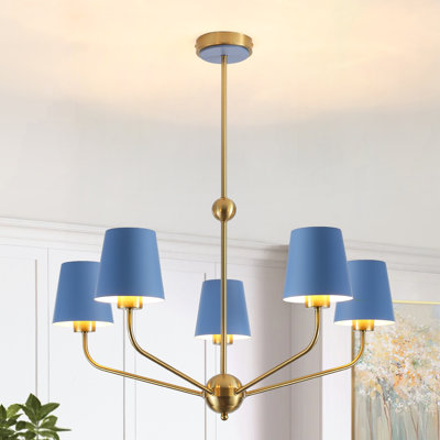 Lustre moderne à 5 lumières, luminaire suspendu avec abat-jour en métal bleu, lampe suspendue en laiton à hauteur réglable pour la cuisine, le salon, le vestibule et le vestibule