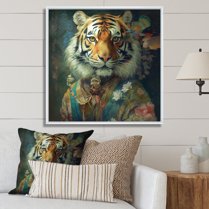 Portrait de tigre rétro - tigre, art mural, H 24 po x l 24 po x P 1 po, Cadre flottant blanc