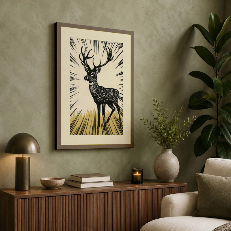 Radiant Deer Japandi - Wrapped Canvas, 24x16 - 61.0 x 40.6 cm, Ochre Border