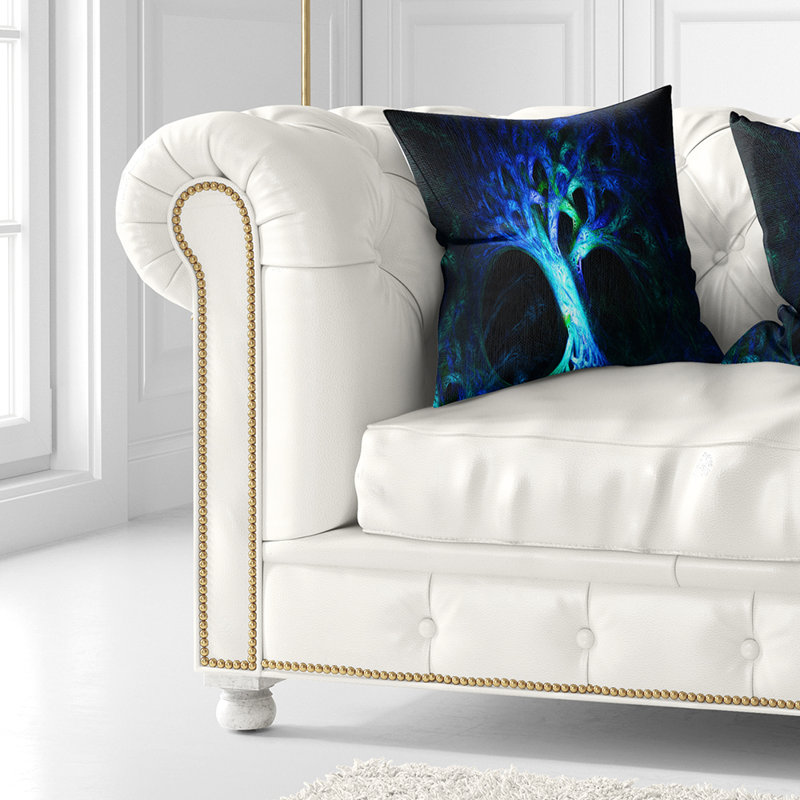 Arbre psychédélique bleu magique - coussin abstrait imprimé, 16 po x 16 po, Coussin décoratif