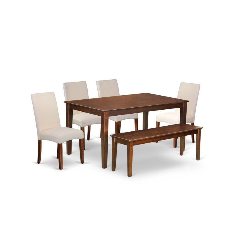L'ensemble 6 pièces de table et chaises de cuisine contient une table de salle à manger rectangulaire et 4 chaises Parson en lin crème avec banc, acajou