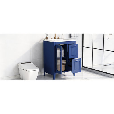 Meuble-lavabo 24 po, meuble-lavabo bleu avec lavabo en céramique, deux tiroirs, porte et tablette réglable en bois massif