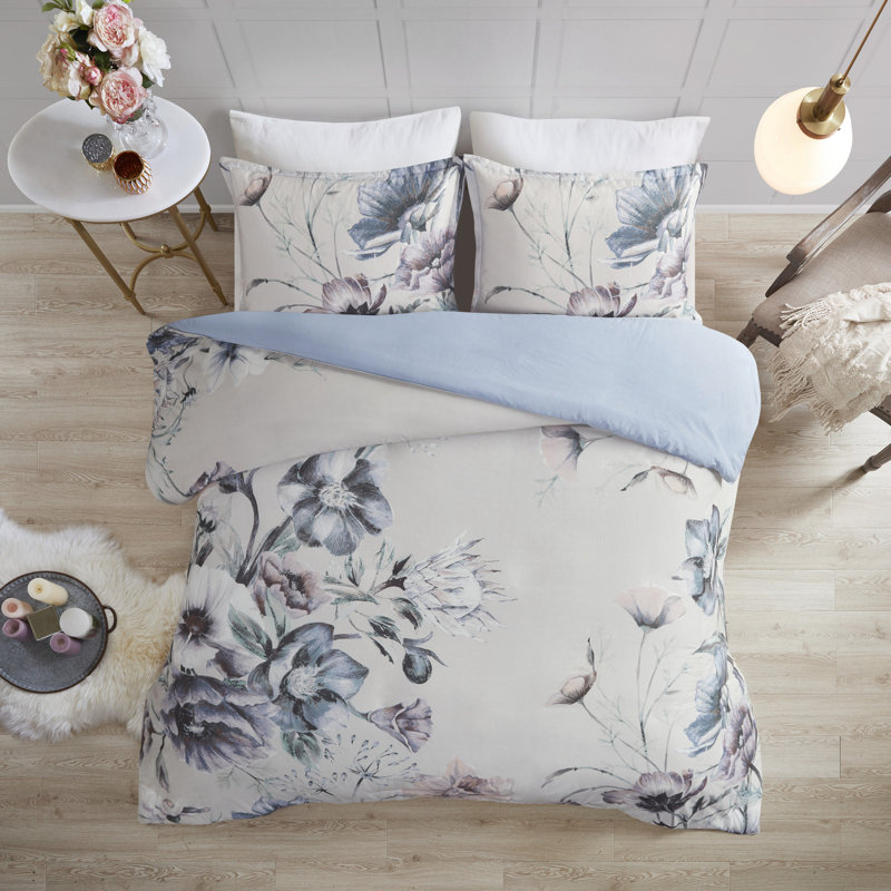 Housse de couette très grand / très grand 3 pièces - Style avec imprimé floral attrayant, combinaison de couleurs douces, comprend 1 et 2 taies décoratives, attaches de coin à fermeture à boutons, literie délicate en coton imprimé à thème