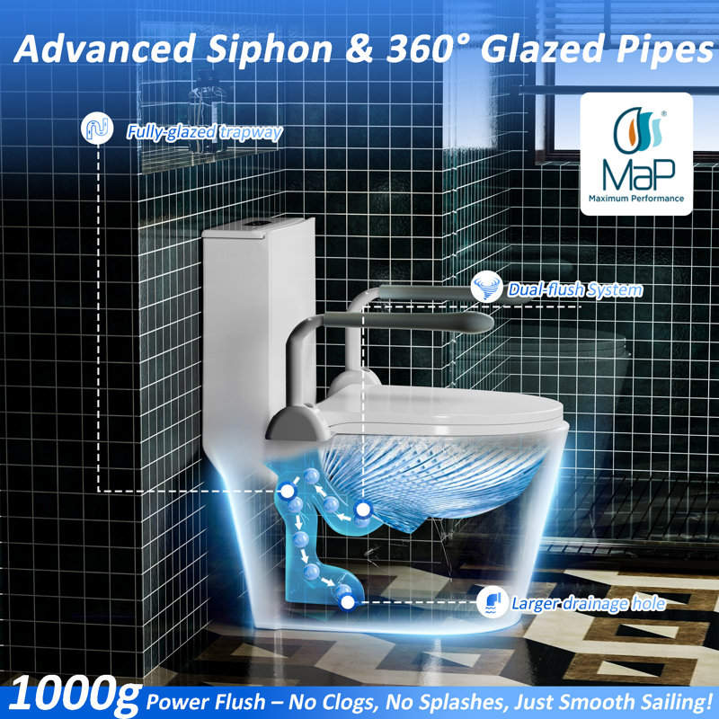 Toilette allongée une pièce avec accoudoirs ADA, hauteur de confort 17,1 po, double chasse 1,1 / 1,6 GPF, performance de 1000 g par carte