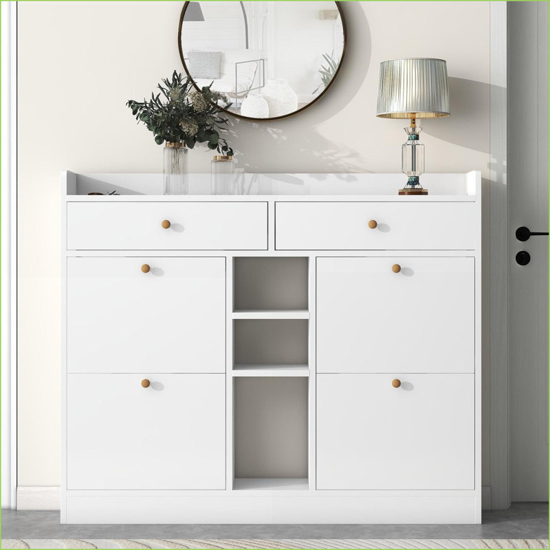 Range-chaussures 4 tiroirs avec rangement à 2 niveaux pour hall d'entrée blanc cassé | Moderne | Panneau de particules, Blanc
