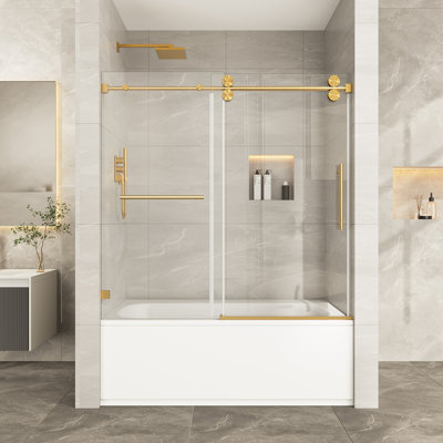 Porte de douche sans cadre de 57 po à l 61 po x H 66 po Kavrton, porte de douche coulissante simple en noir mat, verre trempé transparent de 3/8 po (10 mm) certifié Sgcc avec barre à serviettes