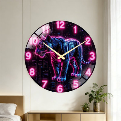 Neon Tiger Wall Clock Art - 24‘’ Modern Glass Wall Clock