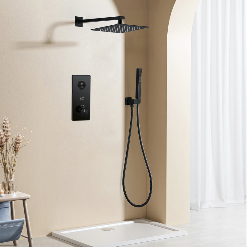 9.84" Solid Brass Thermostatic Complete Shower System with Rough in-Valve, Black