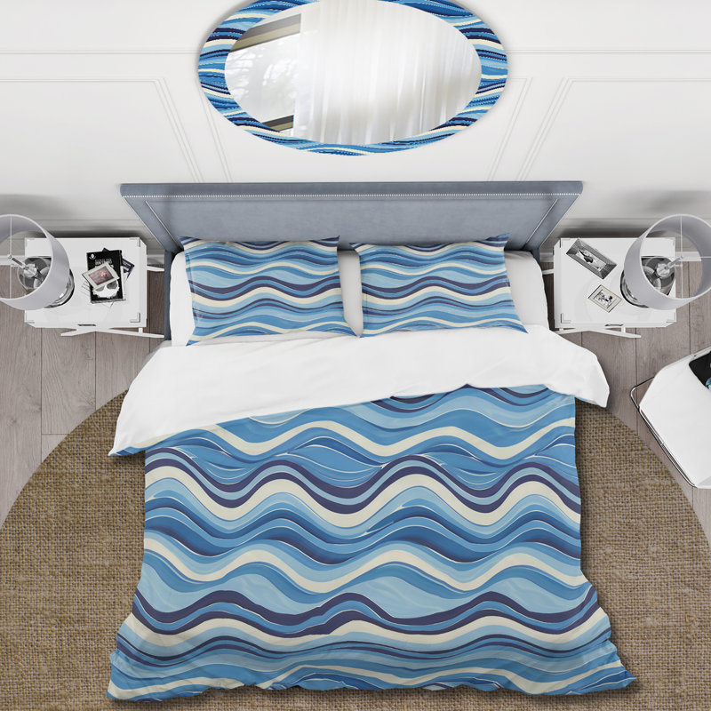 Ensemble de housse de couette bleu beige Midcentury Waves III - Midcentury, Housse de couette très grand + 2 taies décorativ