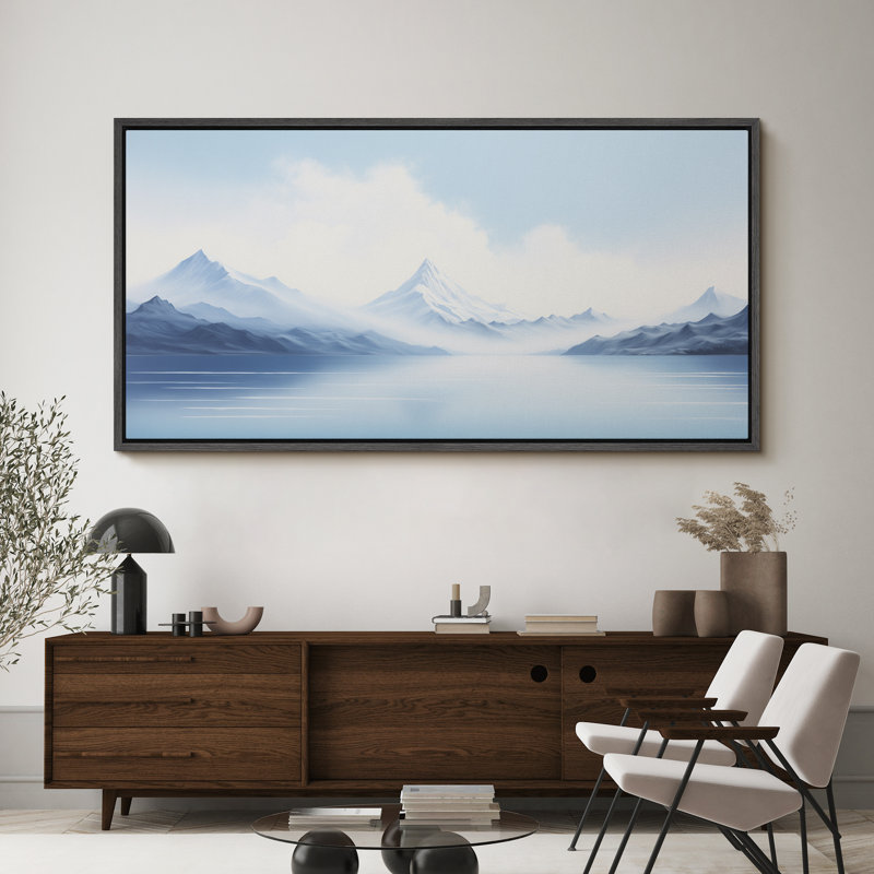 Tranquil Mountain Peaks Blue Landscape Vintage Inspired Stripes, reproduction d'art sur toile, H 30 po x l 60 po