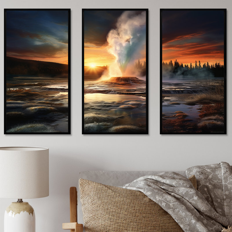 Volcanic Eruption At Sunset II - Geyser, ensemble d'art sur toile, Cadre flottant noir, H 40 po x l 60 po x P 1 po
