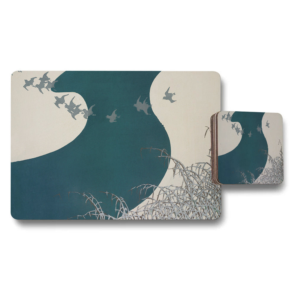 Teal Moon Ocean Placemat And Coaster Set With Flying Birds
