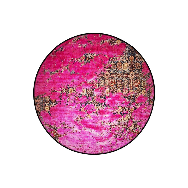Pink Themed Motif Abstract Patterned Round Woven Base Vintage Decorative Carpet, Round 5'
