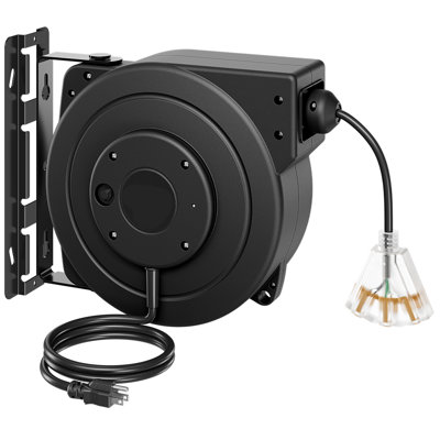 Enrouleur de rallonge rétractable 13,7 m (45 pi) robuste 12 AWG/3C SJTOW noir, pour installation au plafond ou au mur, disjoncteur 15 A, enroulement automatique du cordon, triple prise éclairée, avec support de montage pivotant à 180°