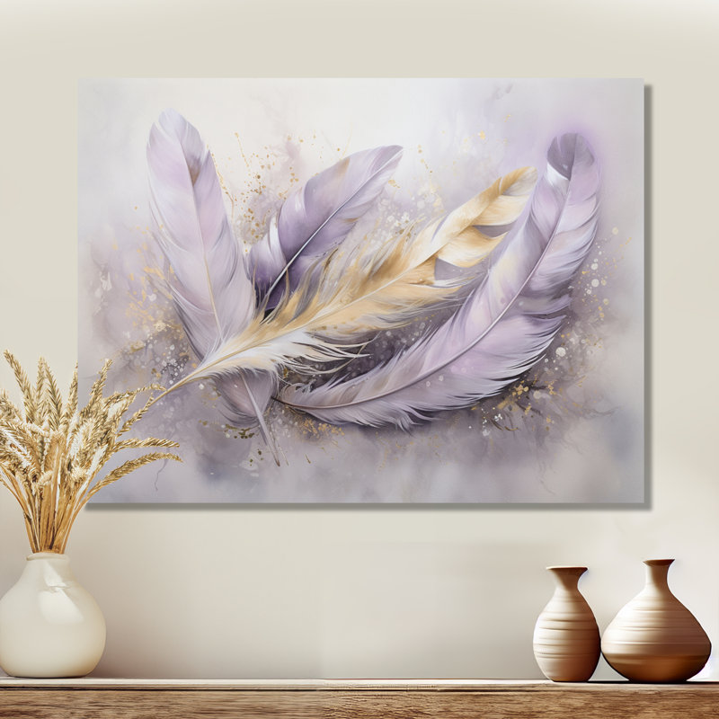 Bohème, rêves, plumes dorées mauves - art mural plume bohème, Toile tendue, H 12 po x l 20 po x P 1 po