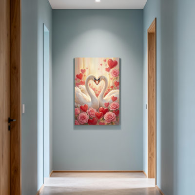 «Valentine's Day Swans Hearts Roses Love Romantic», reproduction d'art sur toile