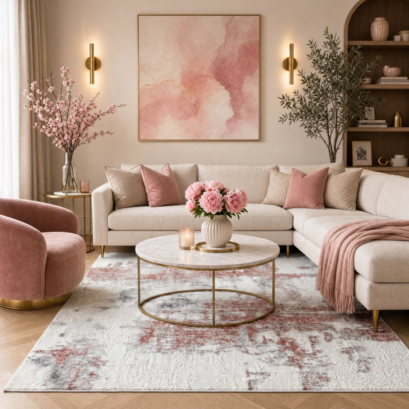 Nason Collection Abstract White/Pink Area Rug,, Rectangle 2'1" x 3'2"