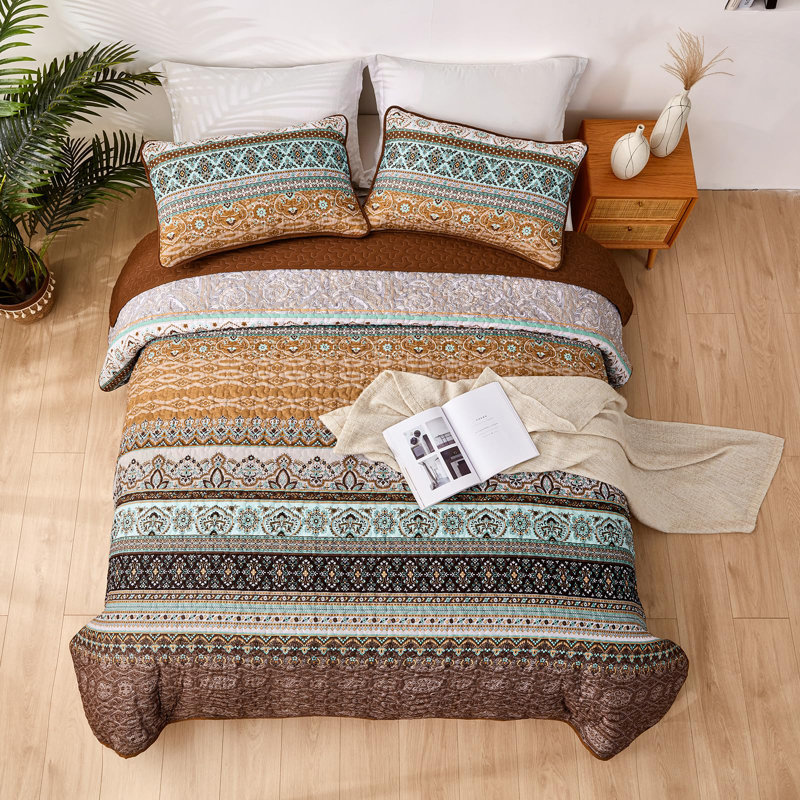 Set of 3 Boho Bohemian Quilt Set Lightweight Reversible Microfiber Bedspread Coverlet All Season Bed Decor, Brown