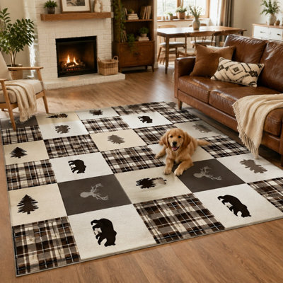 Tapis rustique patchwork à carreaux ours et cerfs (1 pièce) - Lavable, facile d'entretien, antidérapant, idéal pour le salon, la chambre, la cuisine ou le bureau.