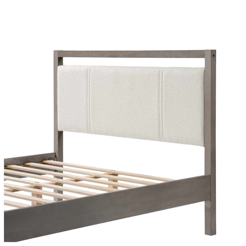 Grand lit plateforme avec tête de lit Boucle ivoire et structure en bois d'hévéa gris