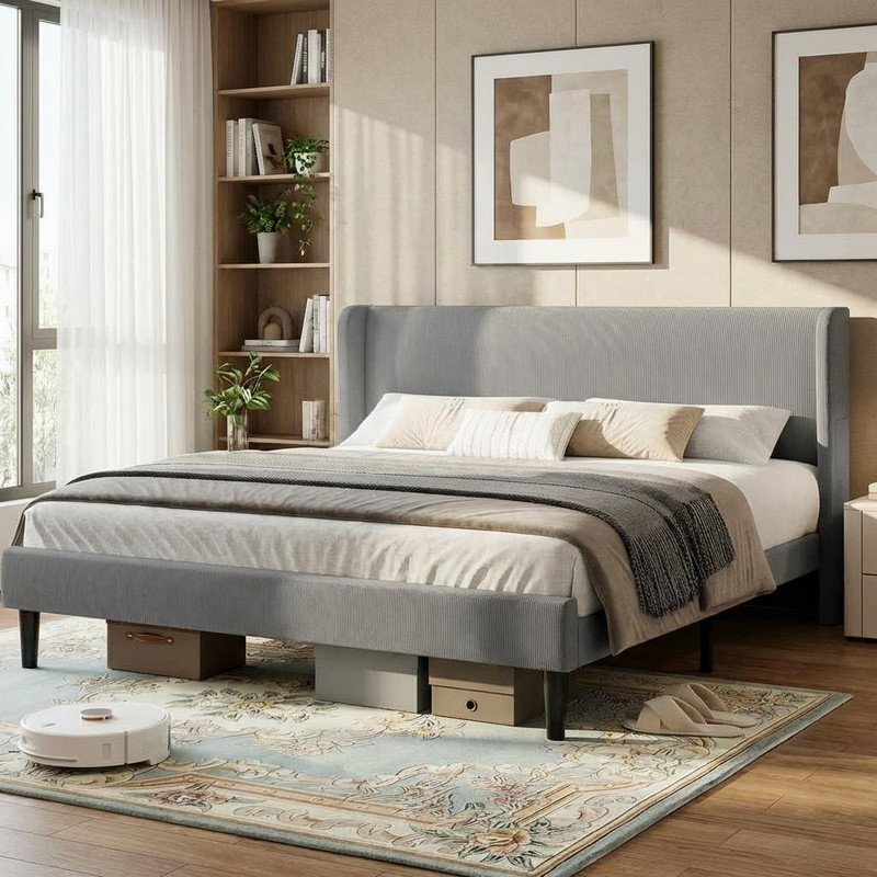 Platform Bed Frame With Upholstered Wingback Headboard, No Box Spring Needed, Grey, Queen