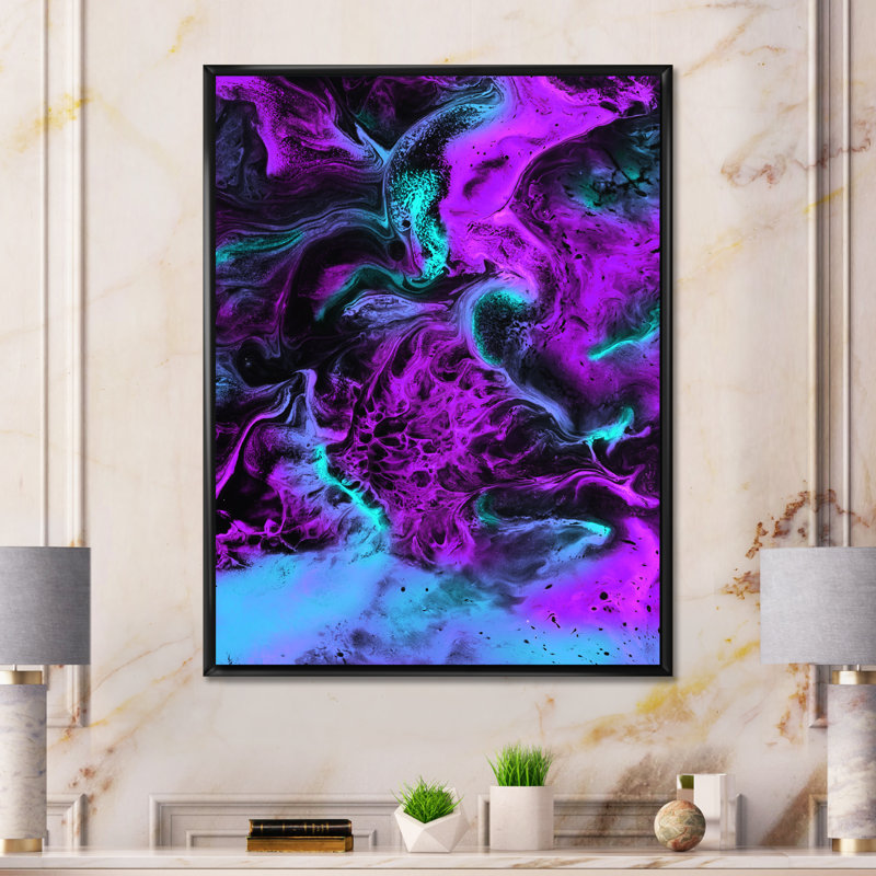 Neon rose, bleu et vert, paysage liquide - peinture sur toile, H 20 po x l 12 po, Cadre flottant noir