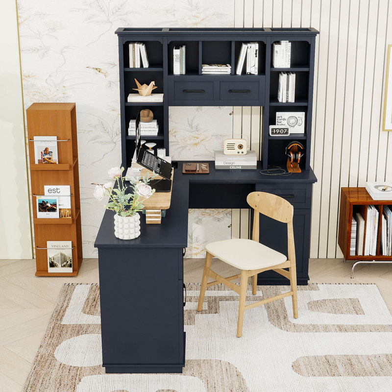 Multi-Function L-Shaped Desk – Stylish & Practical Workspace with Ample Storage, Antique Blue