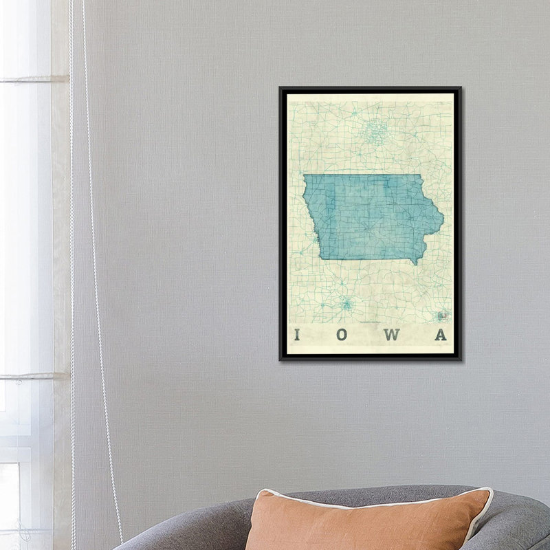 « iowa map », impression sur toile, H 26 po x l 18 po x P 1,5 po, Toile avec cadre noir, Pas de tapis