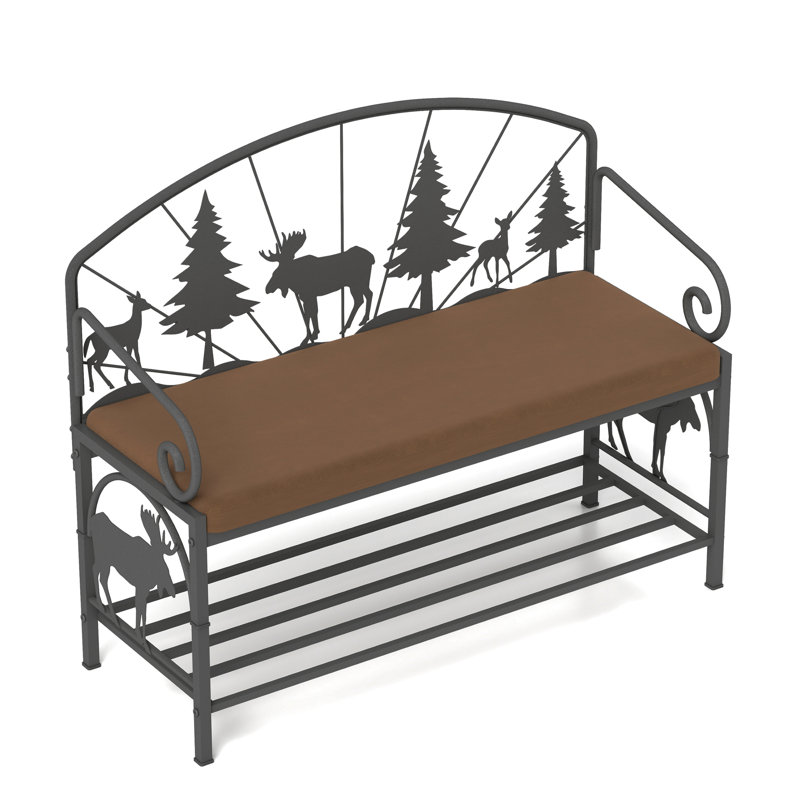 Rustic American Traditional Upholstered Shoe Rack Bench, Upholstery, Open Undershelf For Storage, 40.69 In Depth, 15.8 Width, 3.32 Height, 23.03 Lb Industrial Style Antique Brown Fabric And Metal,